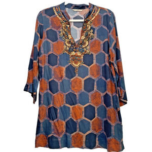 Soft Surroundings Tunic Medium Blouse Millefiori Blue Geometric Print Sequin Top